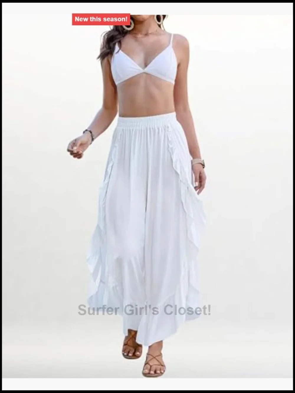 Wide Leg Beach Cover Up Pants with Ruffles and High Slit